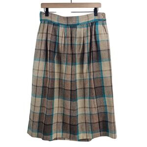 Kensington Square Plaid Pleated Midi Skirt Women's Tan Blue Brown Button Waist